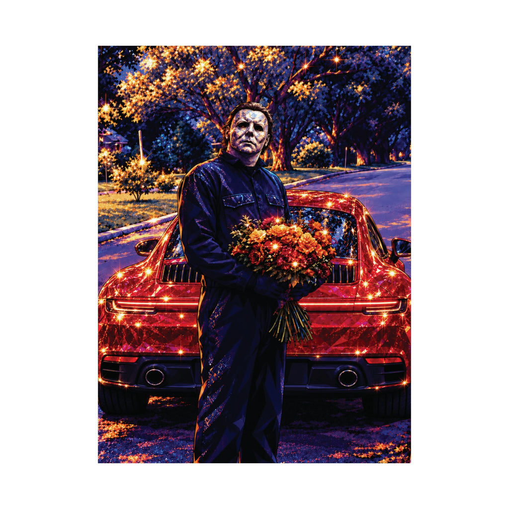 Horror Valentine Michael Myers with Flowers in a Porsche