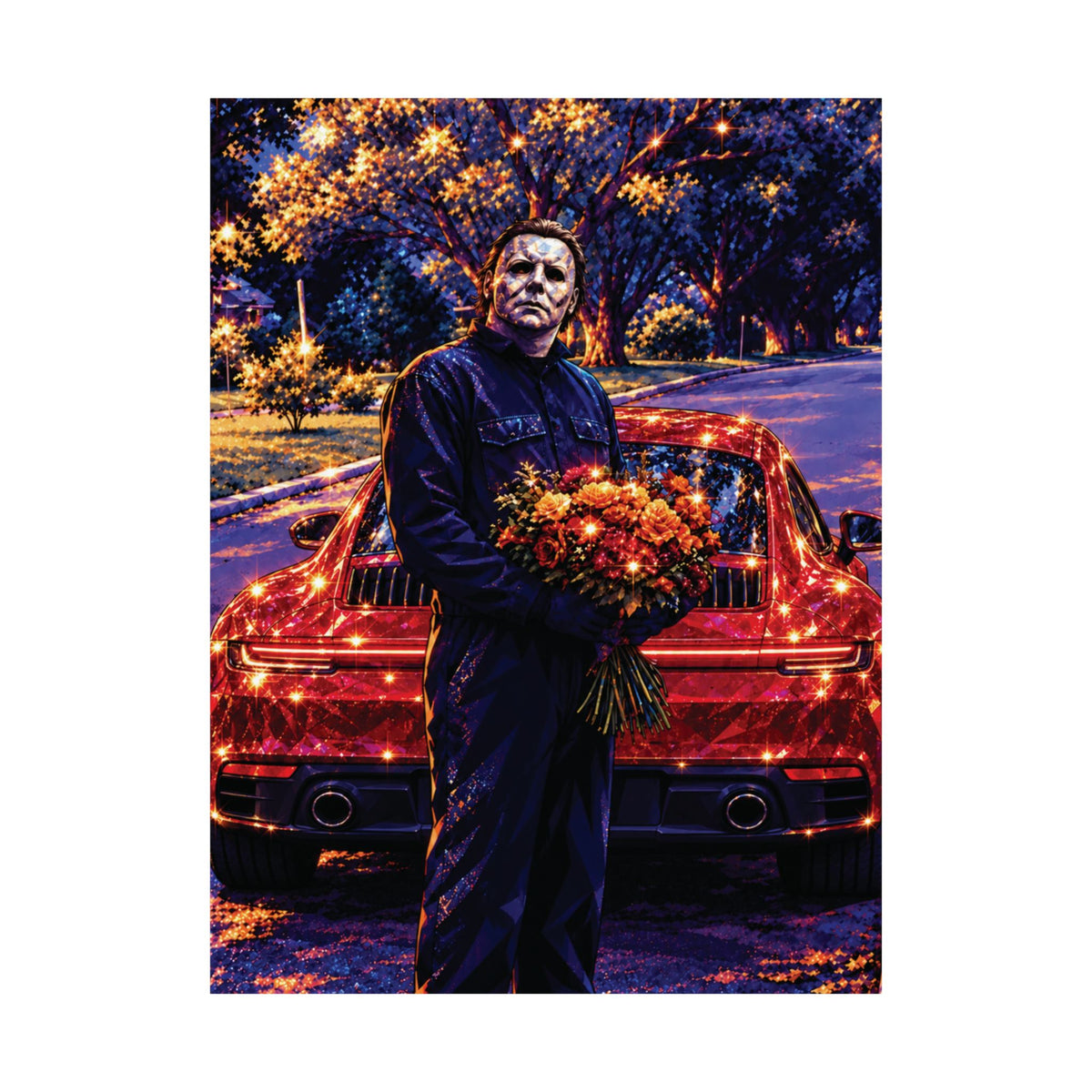 Horror Valentine Michael Myers with Flowers in a Porsche