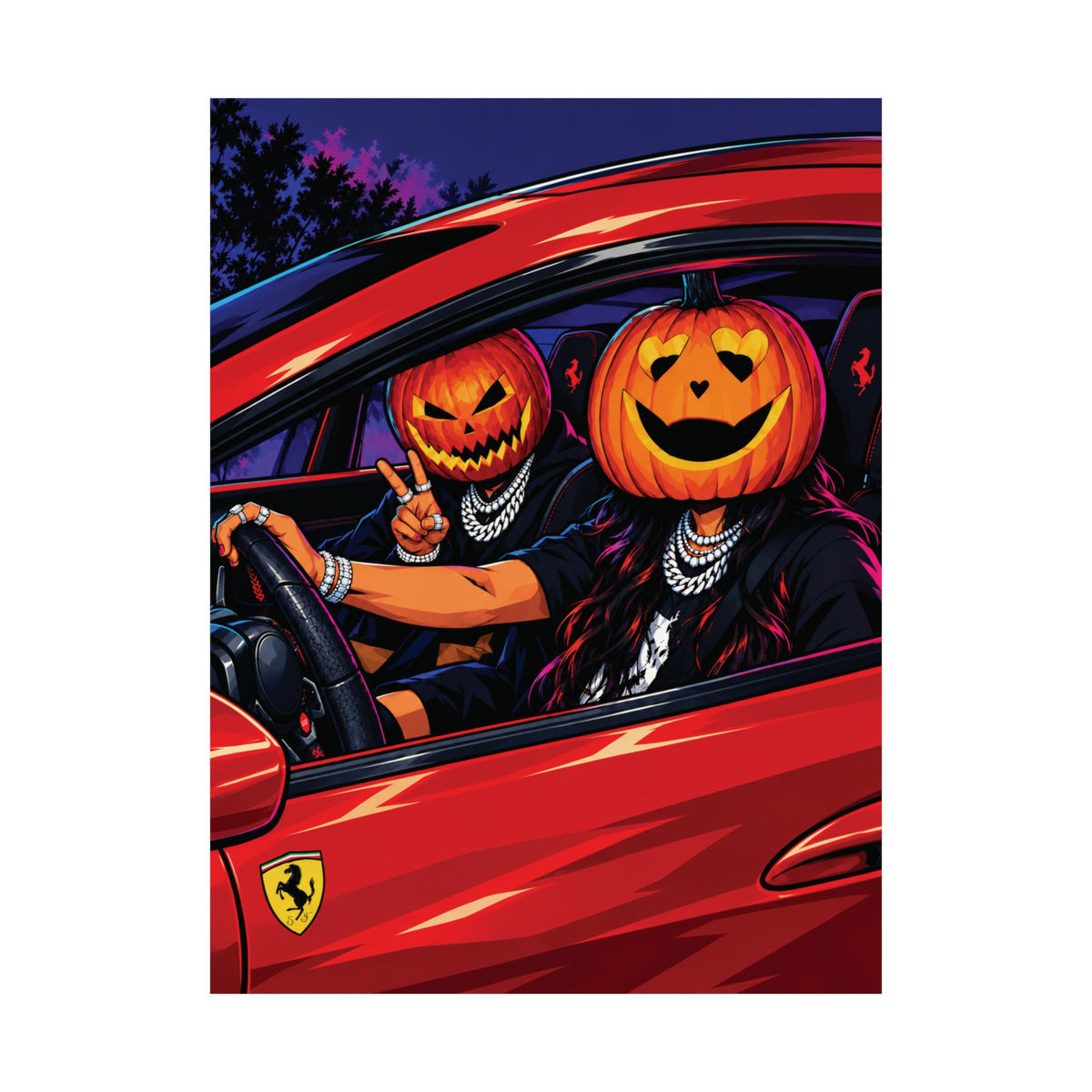 Spooky Halloween Pumpkin Couple in Red Ferrari