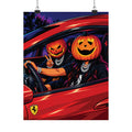 Spooky Halloween Pumpkin Couple in Red Ferrari