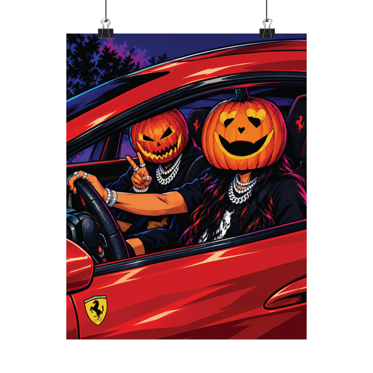 Spooky Halloween Pumpkin Couple in Red Ferrari