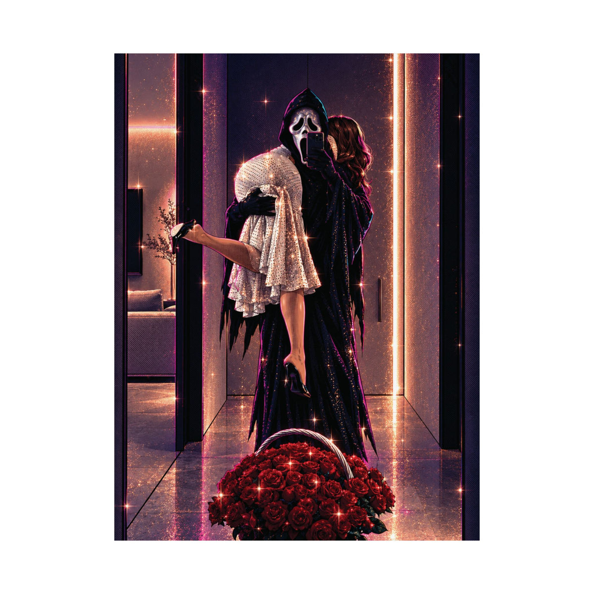 Matte Vertical Poster – Spooky Horror Romance Couple with Red Roses