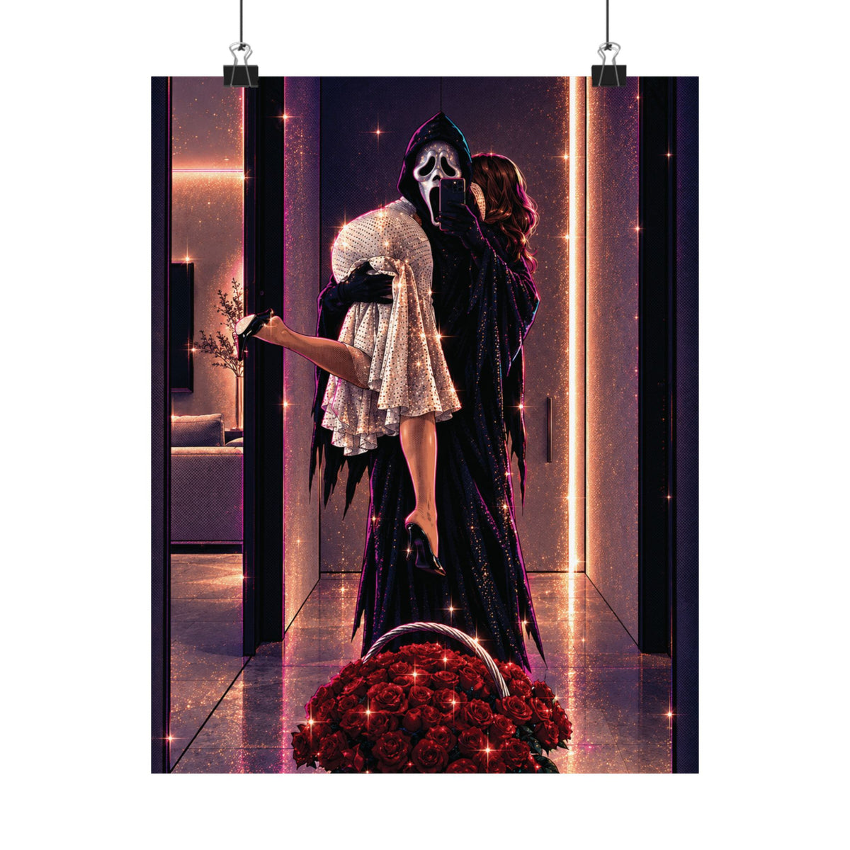Matte Vertical Poster – Spooky Horror Romance Couple with Red Roses