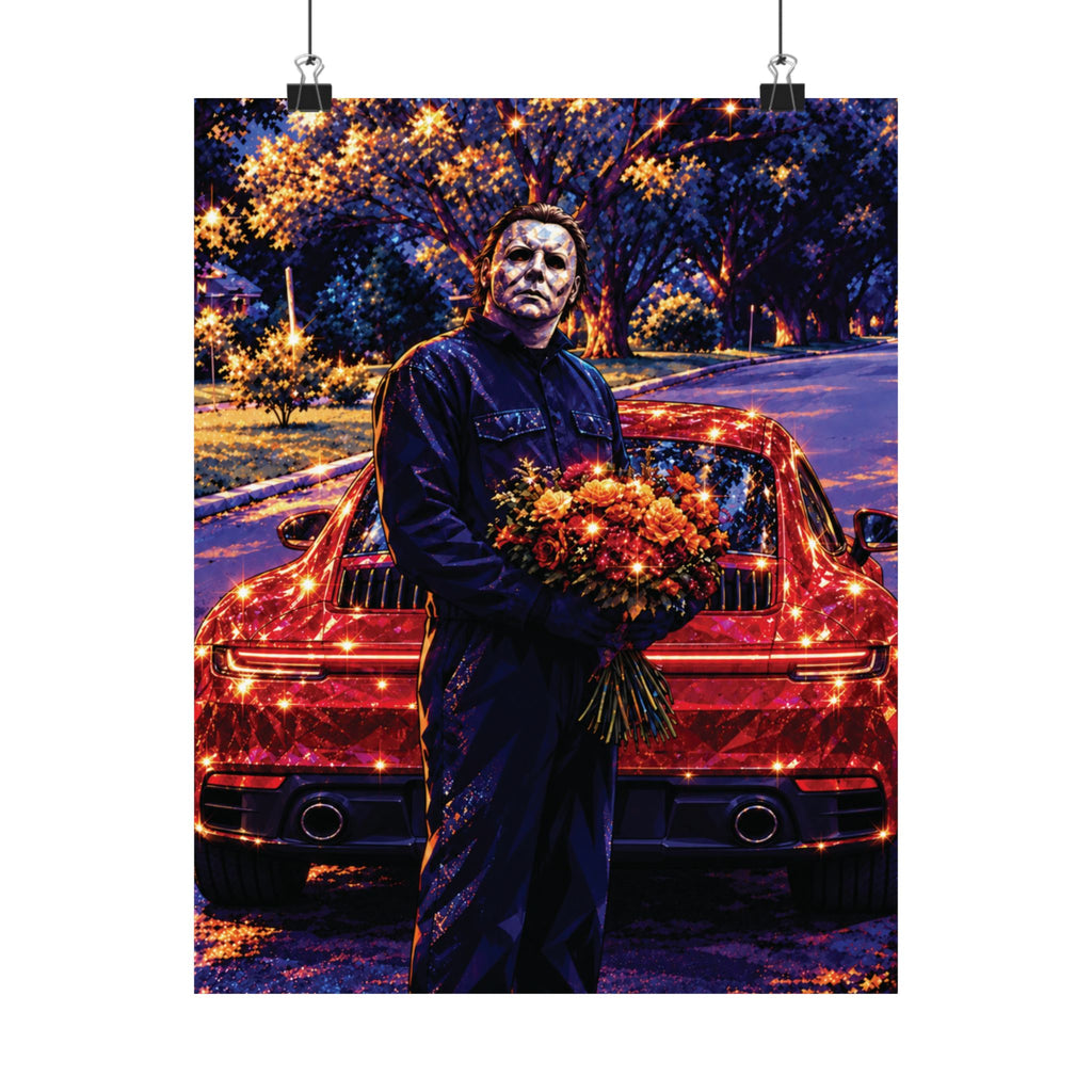 Horror Valentine Michael Myers with Flowers in a Porsche