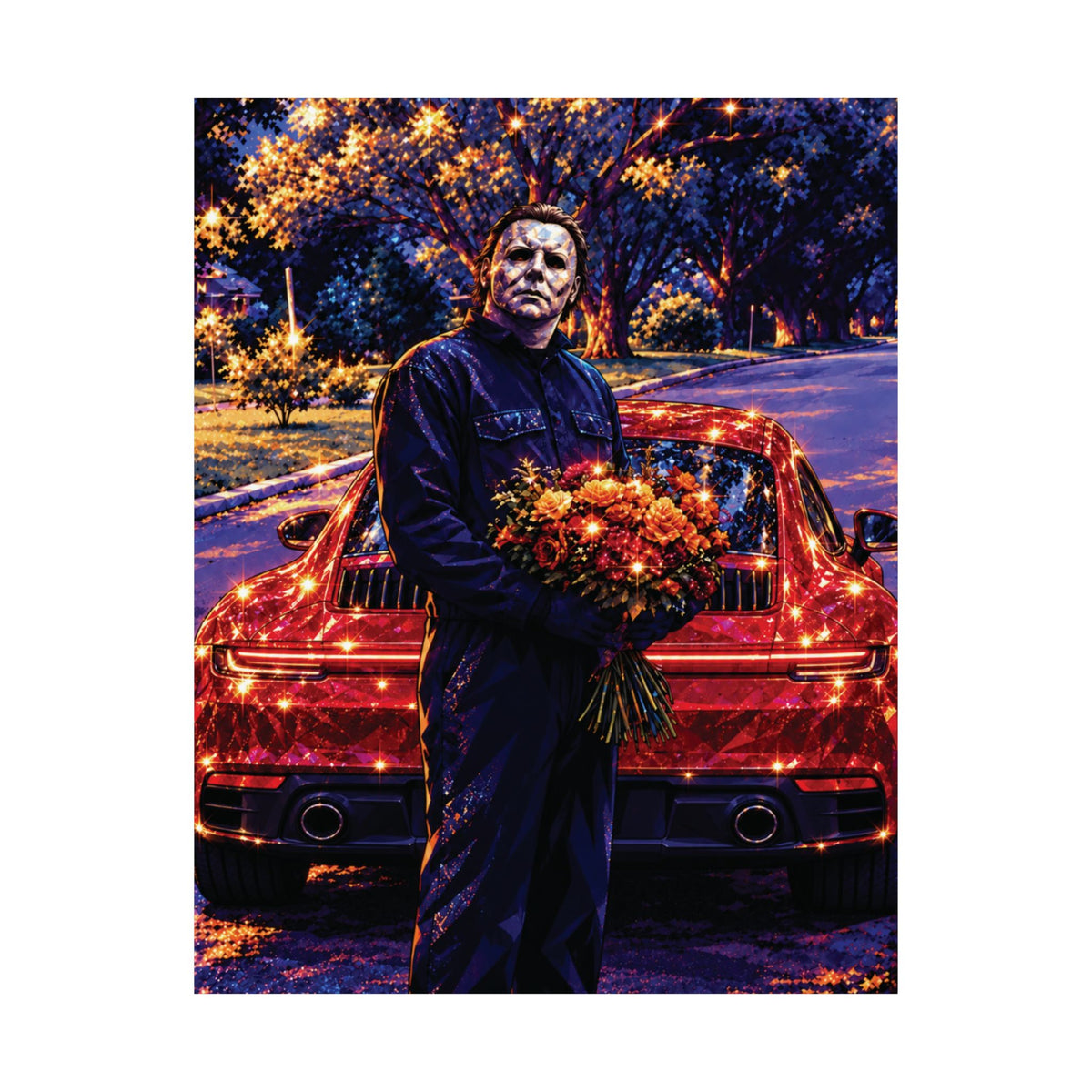 Horror Valentine Michael Myers with Flowers in a Porsche