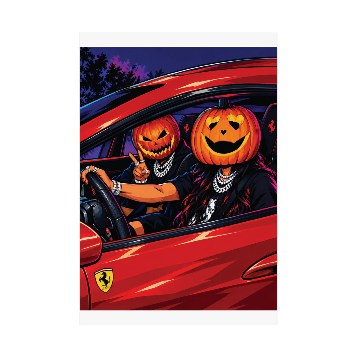 Spooky Halloween Pumpkin Couple in Red Ferrari