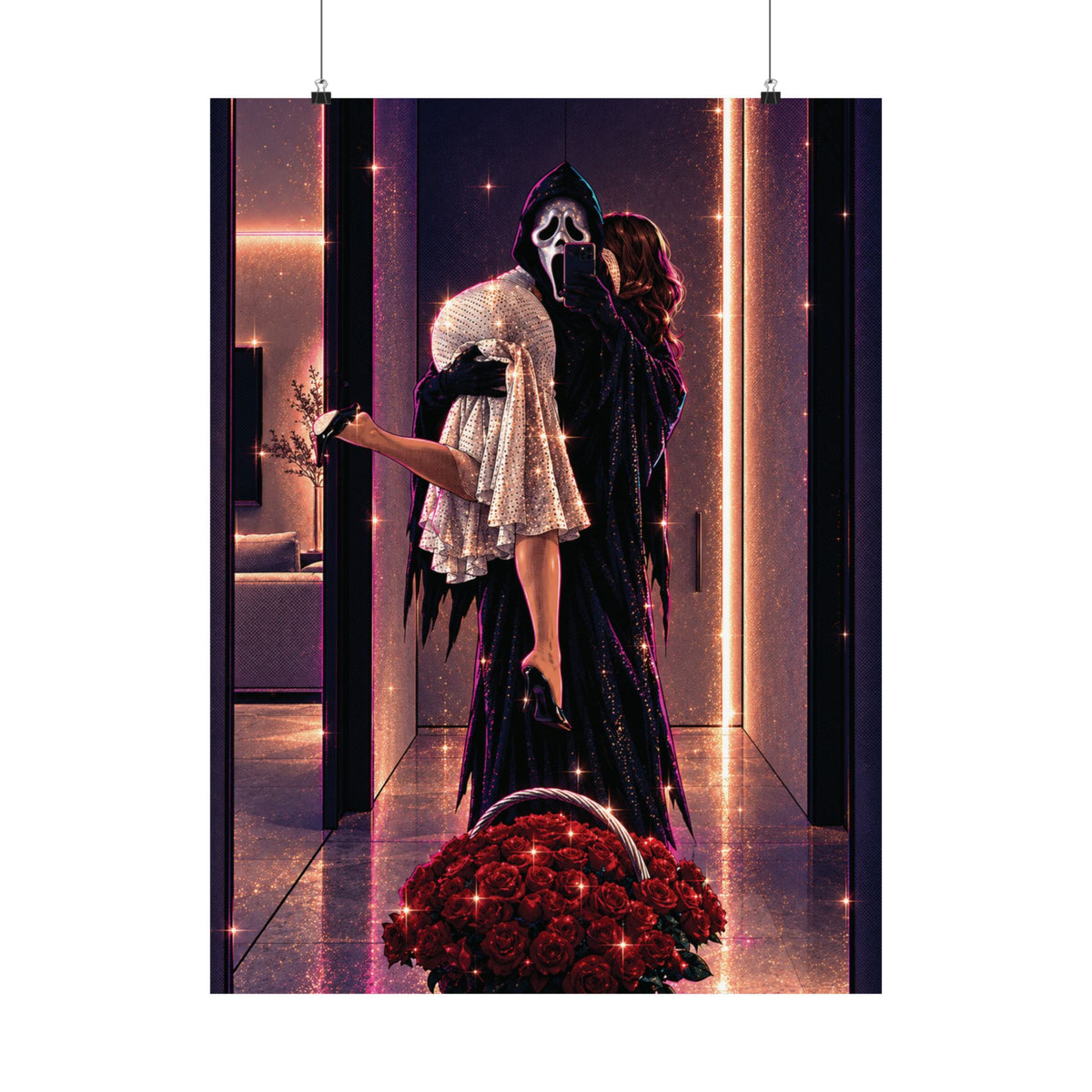 Matte Vertical Poster – Spooky Horror Romance Couple with Red Roses
