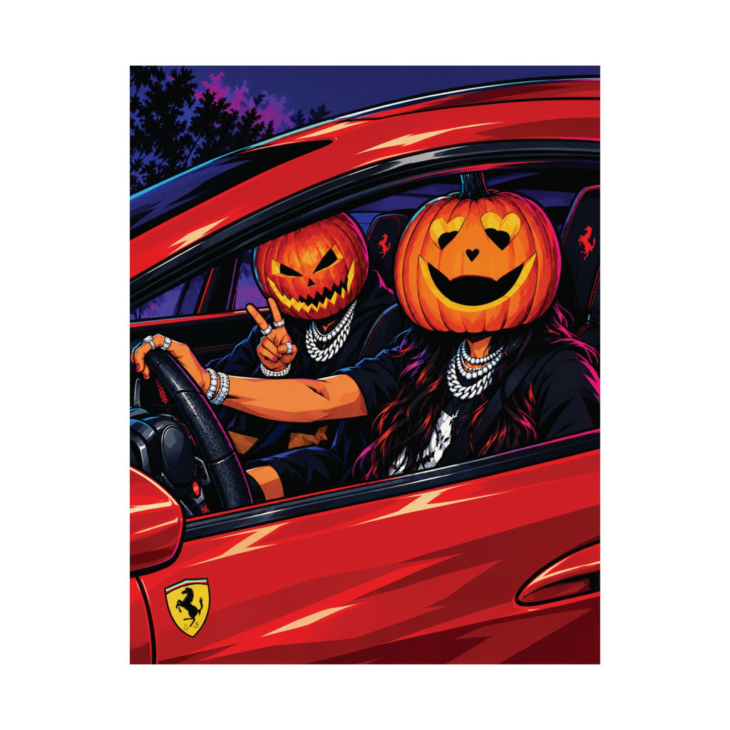 Spooky Halloween Pumpkin Couple in Red Ferrari