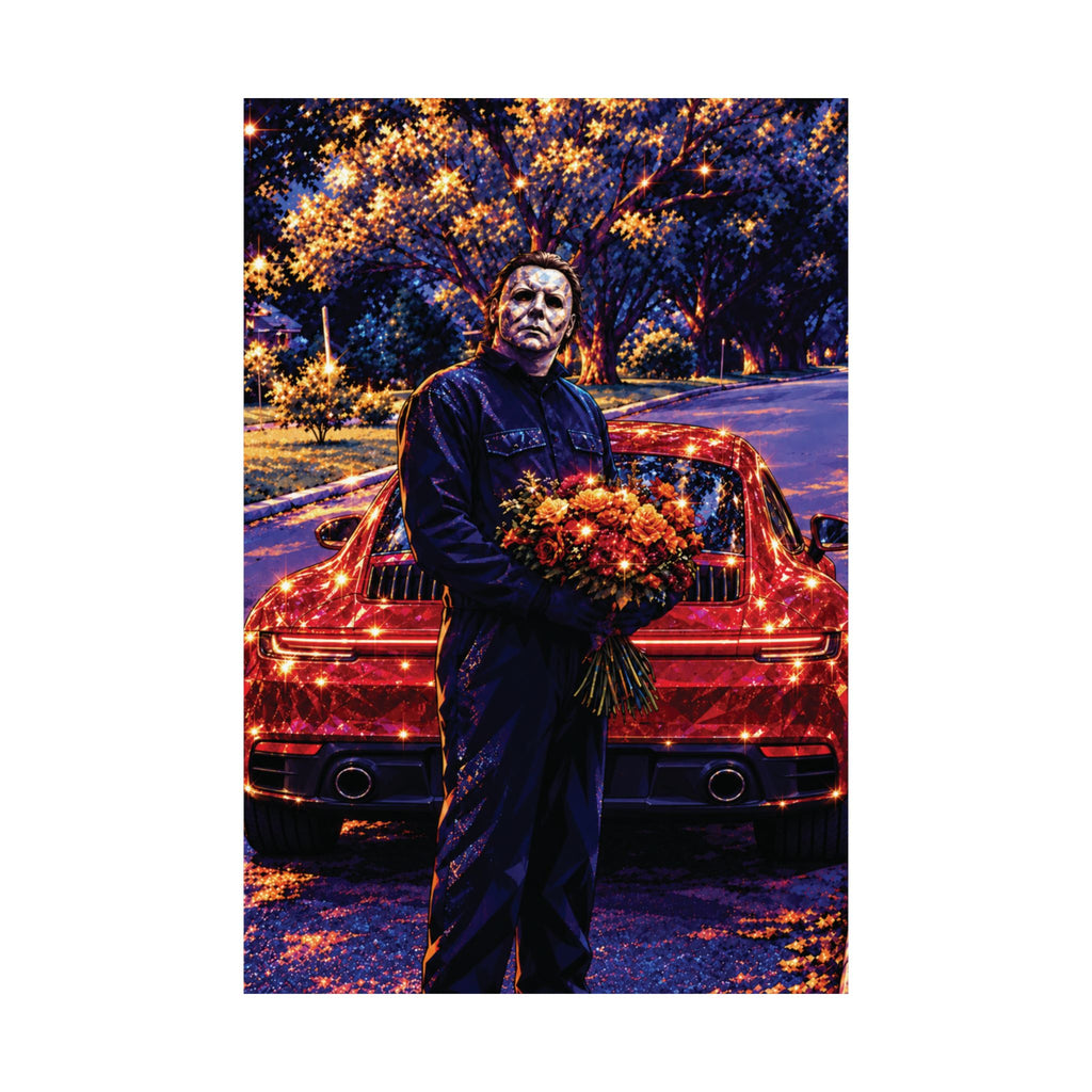 Horror Valentine Michael Myers with Flowers in a Porsche